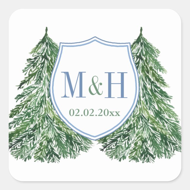 Elegantes Hochzeitslogo für blaue und grüne Wälder Quadratischer Aufkleber (Vorderseite)