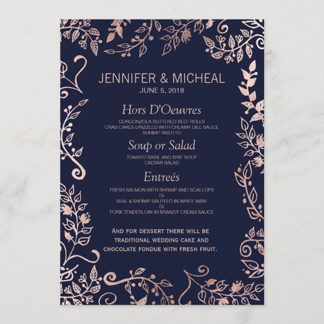 Elegantes Hochzeitsmenü der Blue Rose Gold Floral Menükarte (Vorderseite)