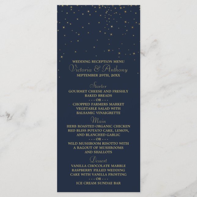 Elegantes Hochzeitsmenü der Marine & Gold Falling  Menükarte (Vorderseite)