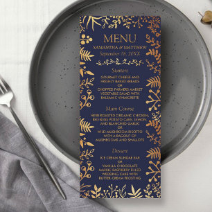 Elegantes Hochzeitsmenü der Marine & Gold Floral Werbekarte