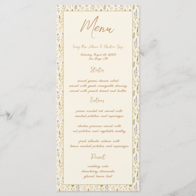 Elegantes Hochzeitsmenü der Wildblume Watercolor Menükarte (Vorderseite)
