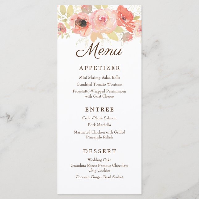 Elegantes Hochzeitsmenü für die Rose Watercolor Co Menükarte (Vorderseite)