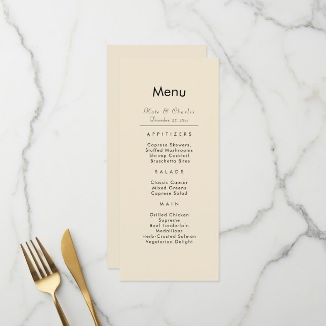 Elegantes Hochzeitsmenü für moderne Fotos mit benu Menükarte (Vorderseite/Rückseite Beispiel)