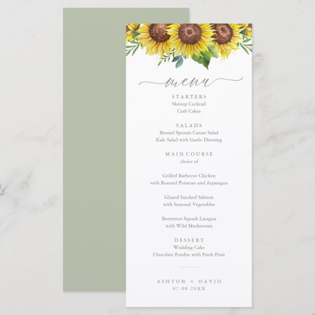 Elegantes Hochzeitsmenü für Sonnenblumen Menükarte (Vorne/Hinten)