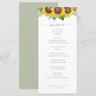 Elegantes Hochzeitsmenü für Sonnenblumen Menükarte