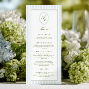 Elegantes Hochzeitsmenü mit blauen Streifen Menükarte