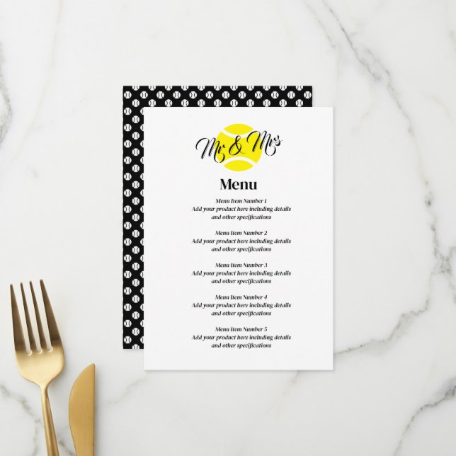 Elegantes Hochzeitsmenü mit Logo für Yello-Tennisb Menükarte (Vorderseite/Rückseite Beispiel)