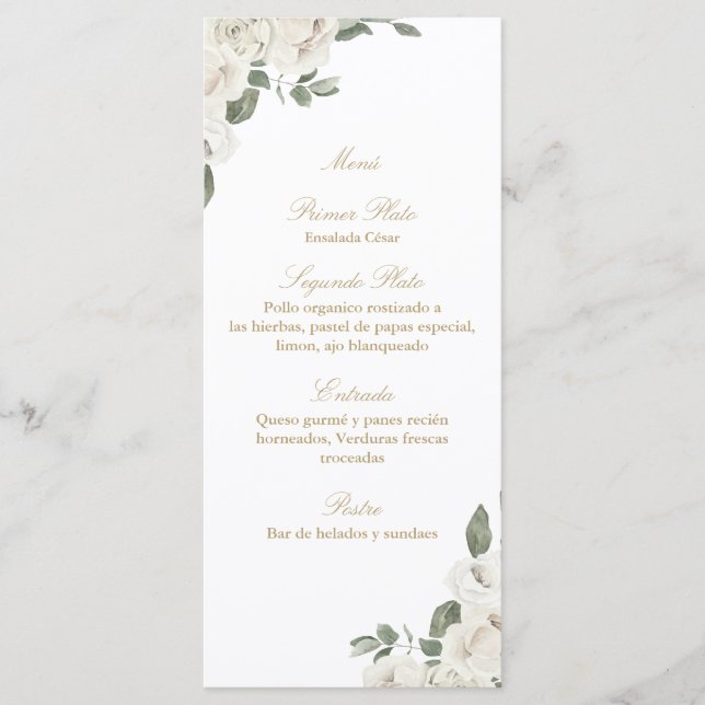 Elegantes Hochzeitsmenü mit Rosenbukett Menükarte (Vorderseite)