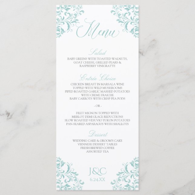 Elegantes Hochzeitsmenü | Nadine (Light Turquoise) Menükarte (Vorderseite)