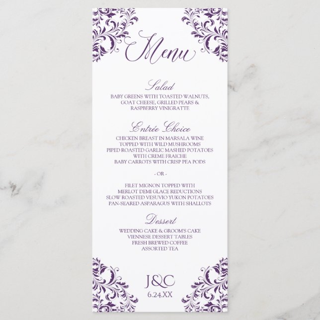 Elegantes Hochzeitsmenü | Nadine (Plum / Lila) Menükarte (Vorderseite)