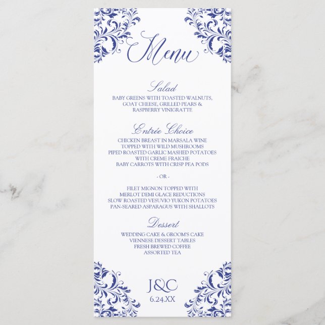 Elegantes Hochzeitsmenü | Nadine (Royal Blue) Menükarte (Vorderseite)