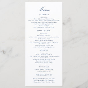 Elegantes Hochzeitsmenü-Schriftbild Blaue Menükarte