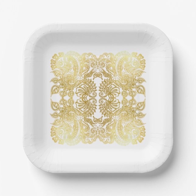 Elegantes Hochzeitspapier mit Deko aus Goldblüte Pappteller (Vorderseite)