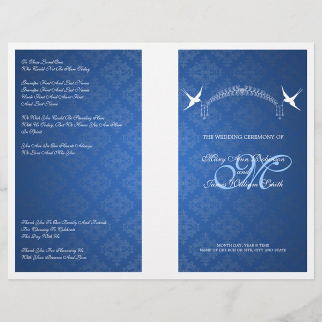 Elegantes Hochzeitsprogramm Birds Monogram Blue (Vorderseite)