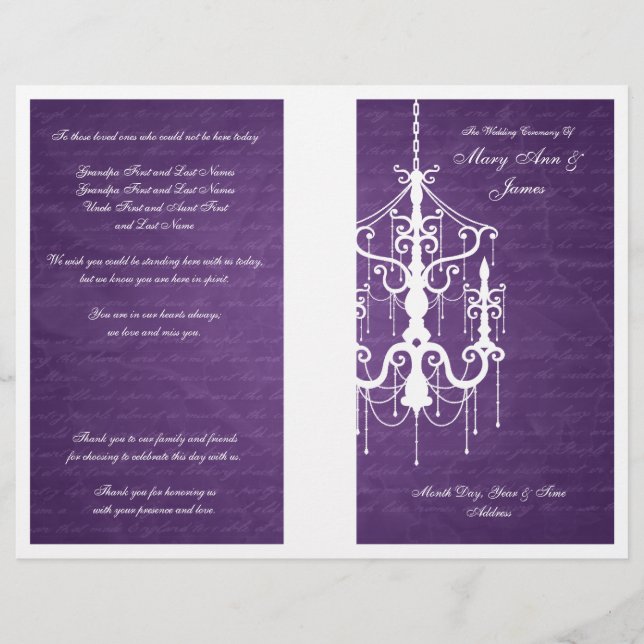 Elegantes Hochzeitsprogramm Chandelier Lila (Vorderseite)