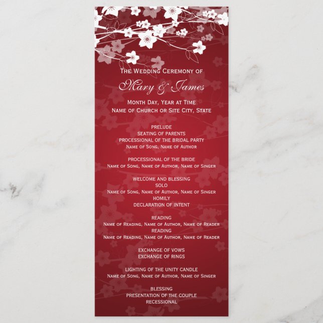 Elegantes Hochzeitsprogramm Cherry Blossom Red Programm (Vorderseite)