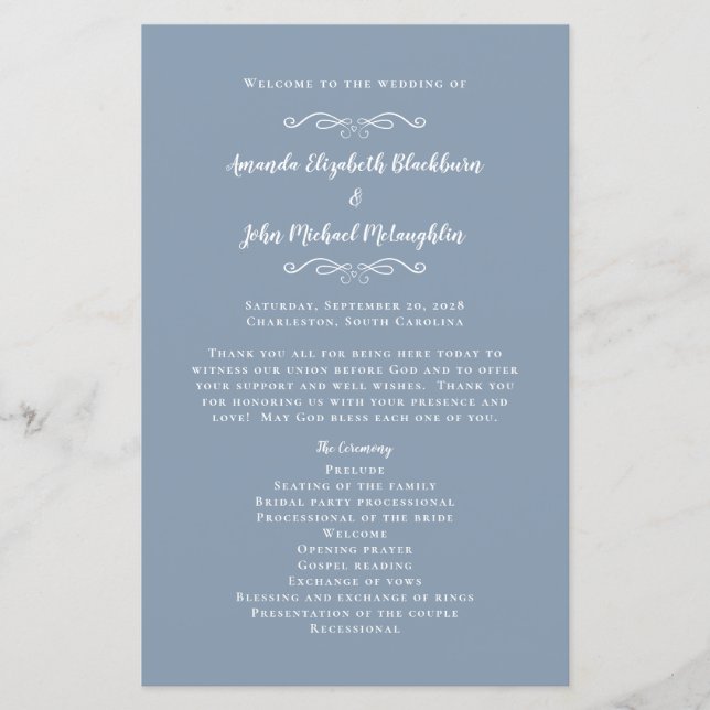 Elegantes Hochzeitsprogramm Dusty Blue Chic (Vorderseite)