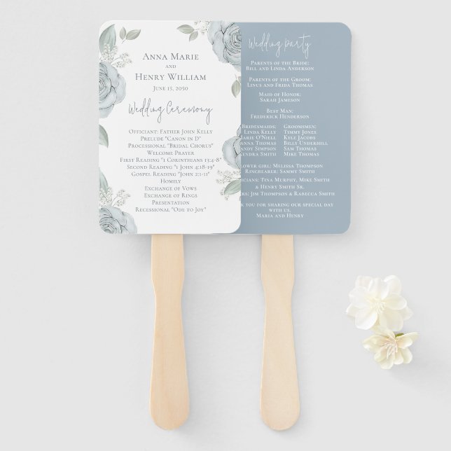 Elegantes Hochzeitsprogramm Dusty Blue Floral Fächer (Vorne und Hinten)
