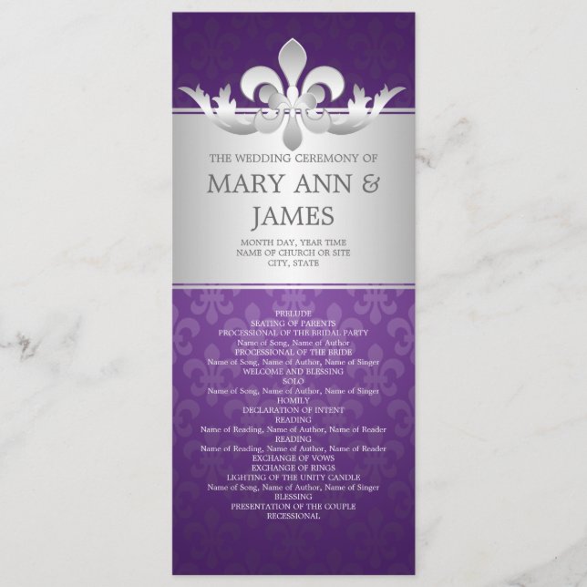 Elegantes Hochzeitsprogramm Fleur De Lis Lila Programm (Vorderseite)