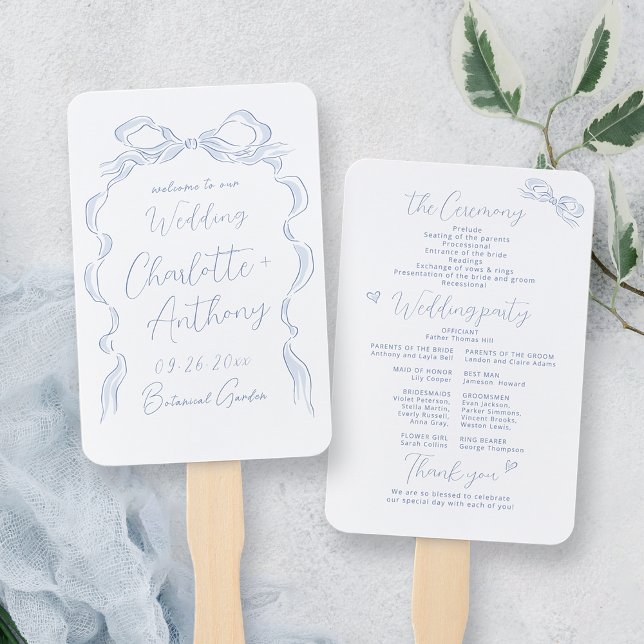 Elegantes Hochzeitsprogramm für Blue Hand Drawn Bo Fächer (Elegant Dusty Blue Hand Drawn Bow Wedding Program Hand Fan)