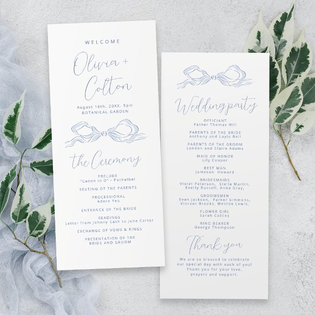 Elegantes Hochzeitsprogramm für Blue Hand Drawn Bo Programm (Elegant Dusty Blue Hand Drawn Bow Wedding Program)