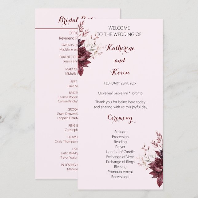 Elegantes Hochzeitsprogramm für Burgandy Blush (Vorne/Hinten)