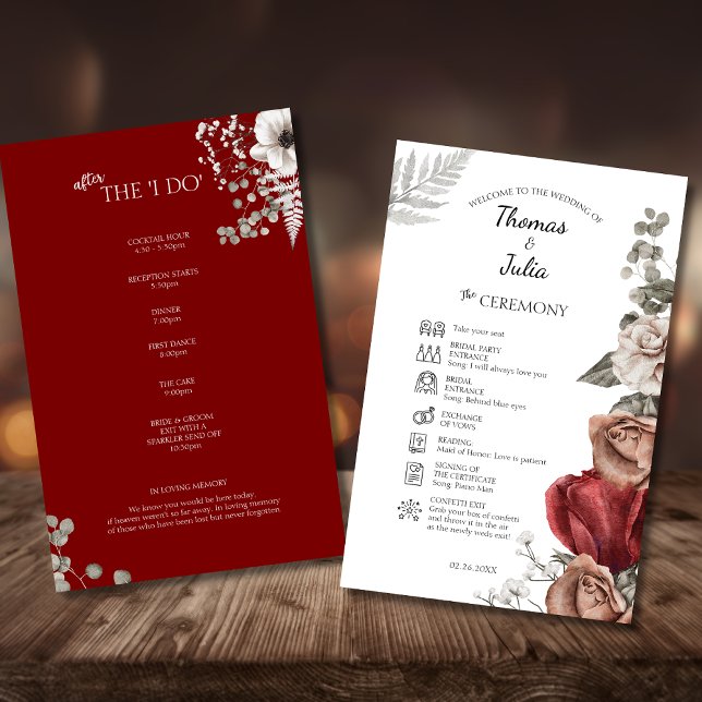 Elegantes Hochzeitsprogramm für Burgunder Wasserfa (Elegant Burgundy Watercolor Floral Wedding Program)