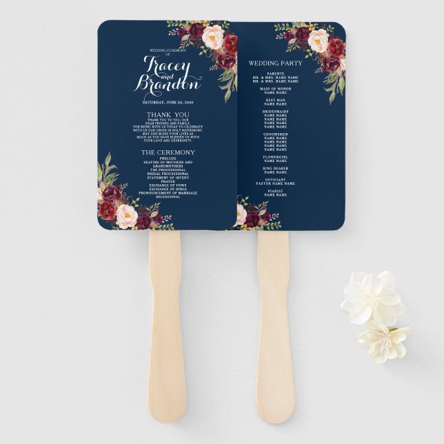 Elegantes Hochzeitsprogramm für die Blumenzwiebelf Fächer (Vorne und Hinten)