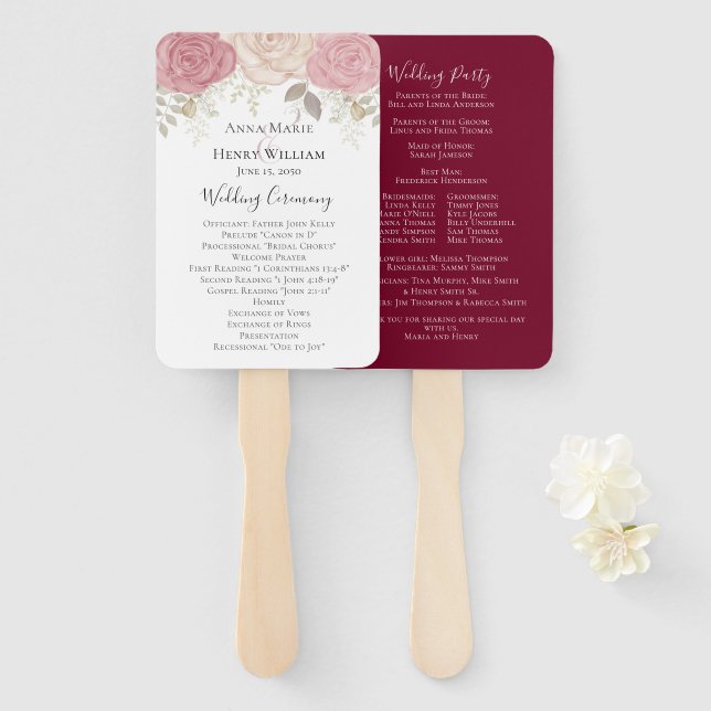 Elegantes Hochzeitsprogramm für die Rose Burgund Fächer (Vorne und Hinten)