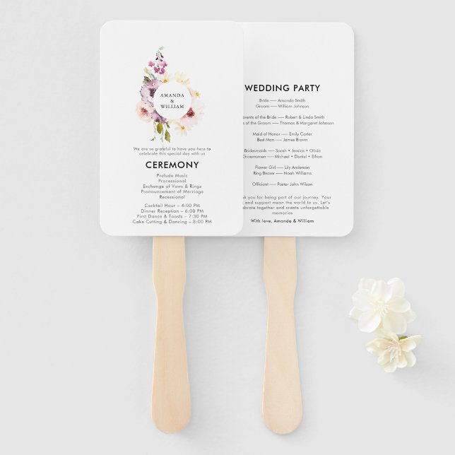 Elegantes Hochzeitsprogramm für Flora Fächer (Vorne und Hinten)