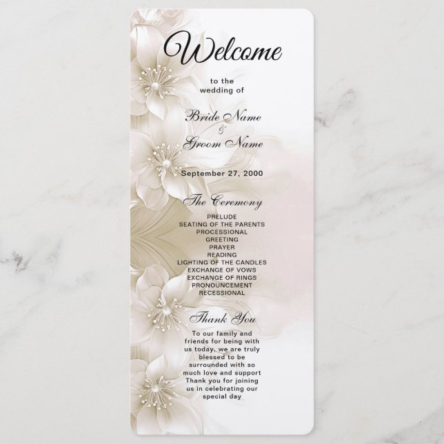 Elegantes Hochzeitsprogramm für Ivory White Blume Programm (Vorderseite)
