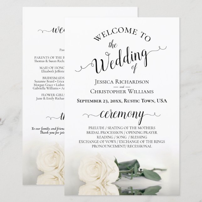 Elegantes Hochzeitsprogramm für Ivory White Rose (Vorne/Hinten)