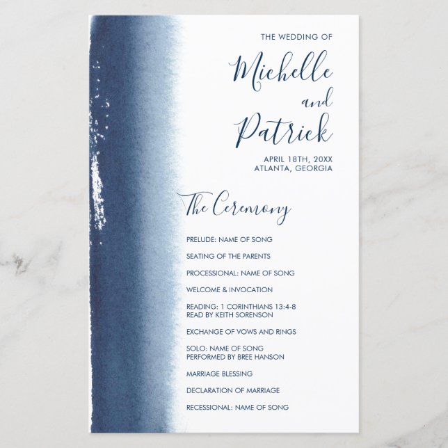 Elegantes Hochzeitsprogramm für Navy Blue Modern (Vorderseite)