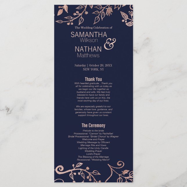 Elegantes Hochzeitsprogramm für Navy Blue Rose Gol Programm (Vorderseite)