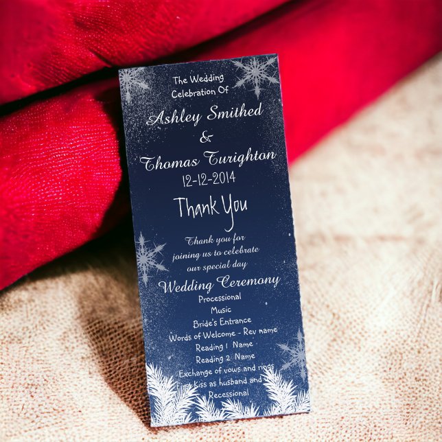 Elegantes Hochzeitsprogramm für Navy Blue Snowflak Programm (Elegant Navy Blue Snowflake Winter Wedding Program)
