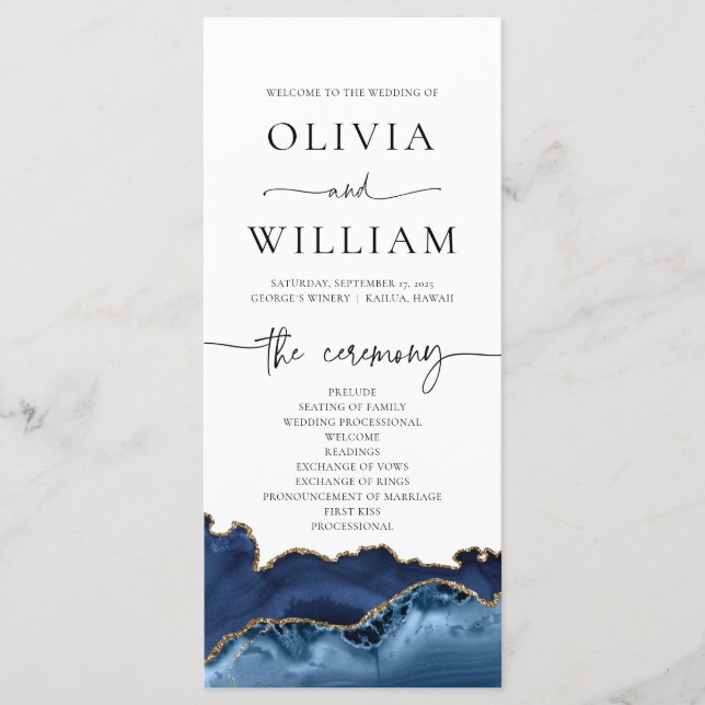 Elegantes Hochzeitsprogramm für Navy Blue und Gold Menükarte (Vorderseite)