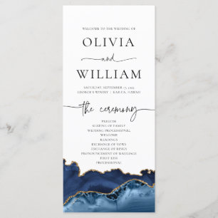 Elegantes Hochzeitsprogramm für Navy Blue und Gold Menükarte