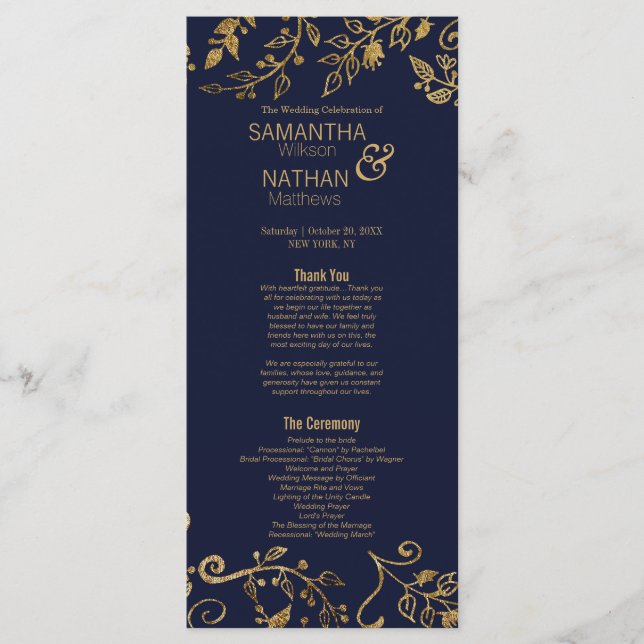 Elegantes Hochzeitsprogramm für Navy Blue und Gold Programm (Vorderseite)