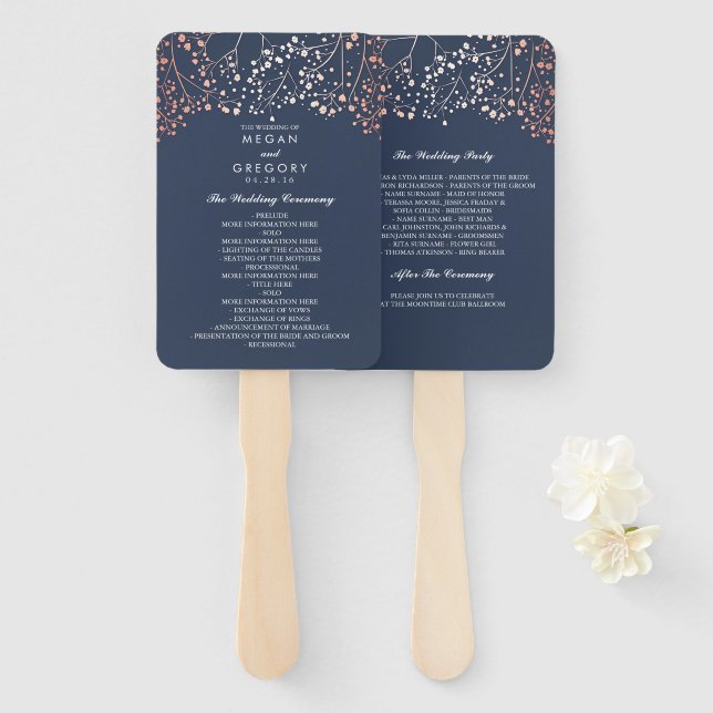Elegantes Hochzeitsprogramm für Rose Gold und Navy Fächer (Vorne und Hinten)