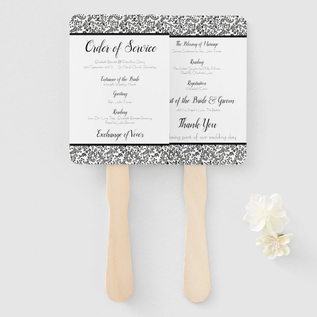 Elegantes Hochzeitsprogramm für Schwarz und Weiß Fächer (Vorne und Hinten)