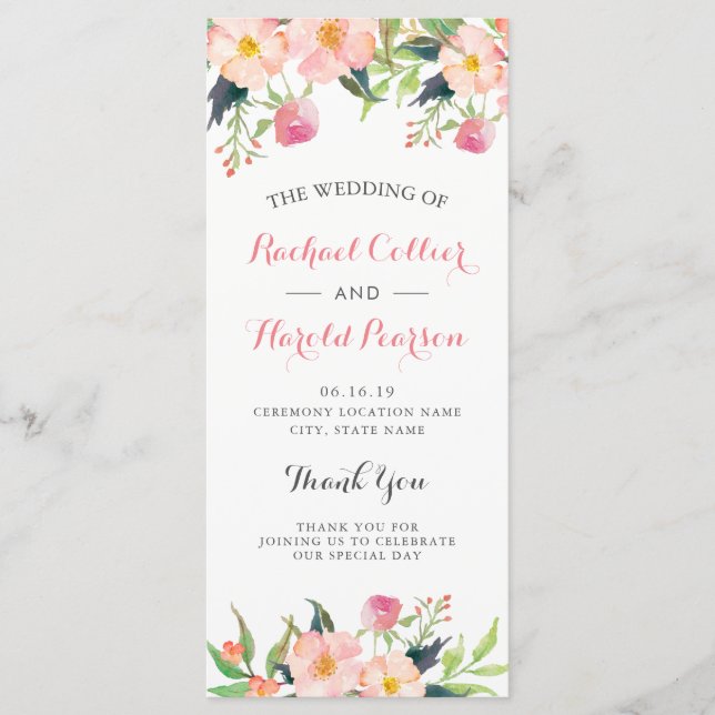 Elegantes Hochzeitsprogramm für Wasserfarben Rosa  Programm (Vorderseite)