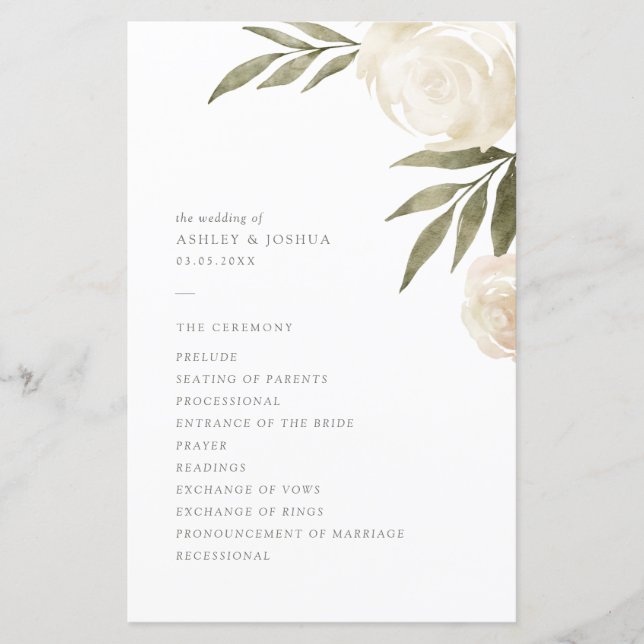 Elegantes Hochzeitsprogramm für Weißwasserflora (Vorderseite)