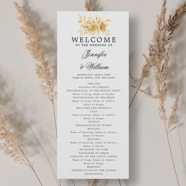 Elegantes Hochzeitsprogramm Gold Blumenschrift Einladung (Elegant Wedding Program Gold Floral Script )