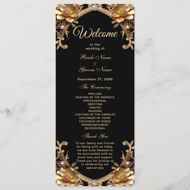 Elegantes Hochzeitsprogramm im Goldrahmen Programm (Vorderseite)