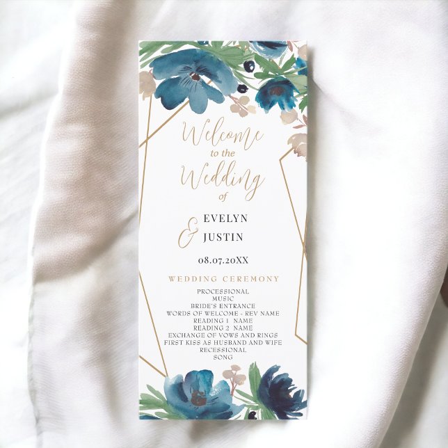Elegantes Hochzeitsprogramm in blauem Gold Programm (Elegant dusty blue gold Floral Wedding program)