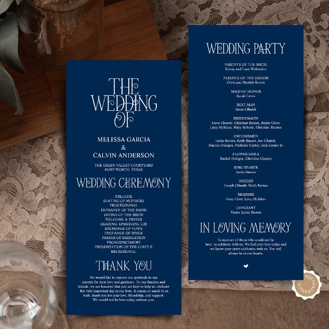 Elegantes Hochzeitsprogramm in mariner Typografie Programm (Elegant Navy Blue Typography Modern Romantic Wedding Program Card)