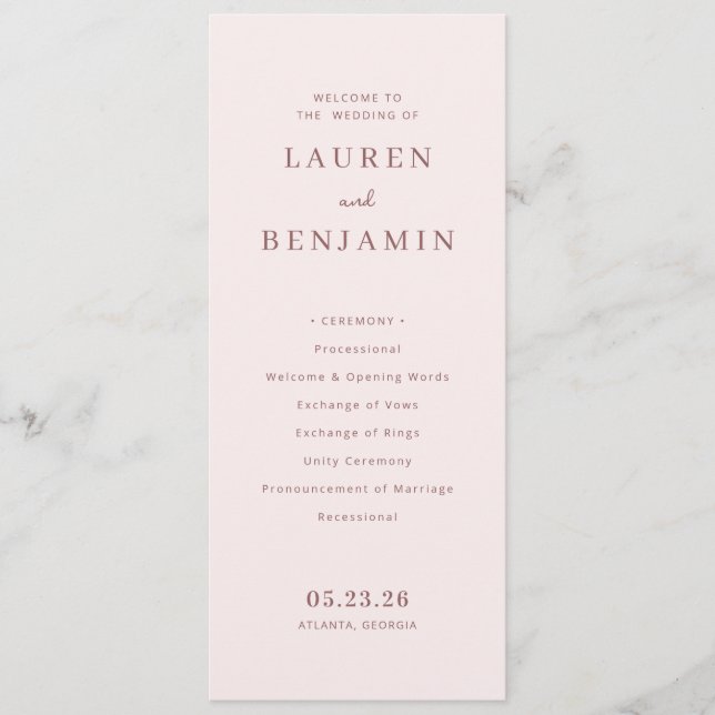 Elegantes Hochzeitsprogramm in Rosa Programm (Vorderseite)