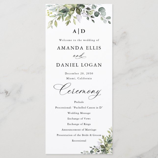 Elegantes Hochzeitsprogramm mit Grün Programm (Vorderseite)