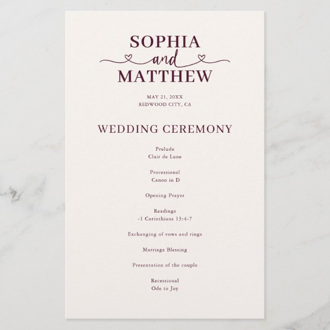 Elegantes Hochzeitsprogramm mit Herzschrift (Vorderseite)