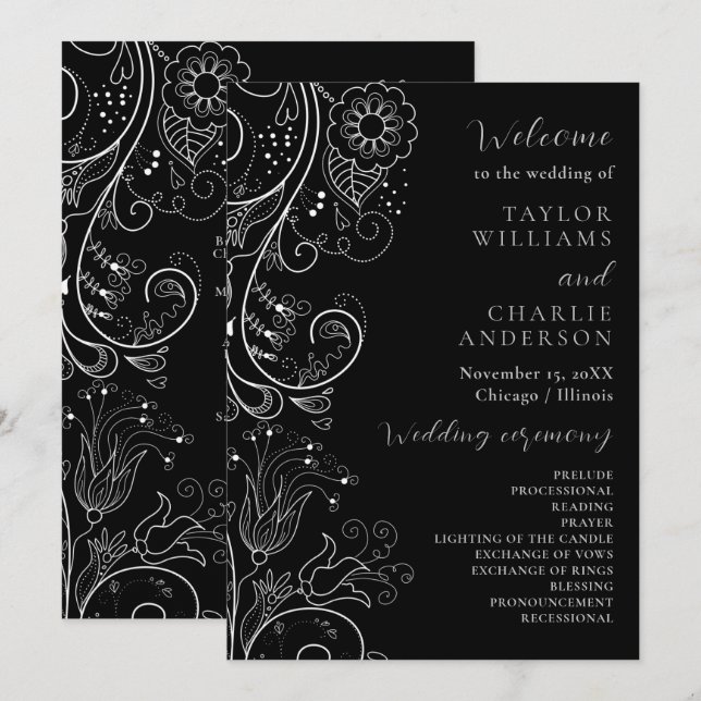 Elegantes Hochzeitsprogramm mit Silber und Schwarz Programm (Vorne/Hinten)